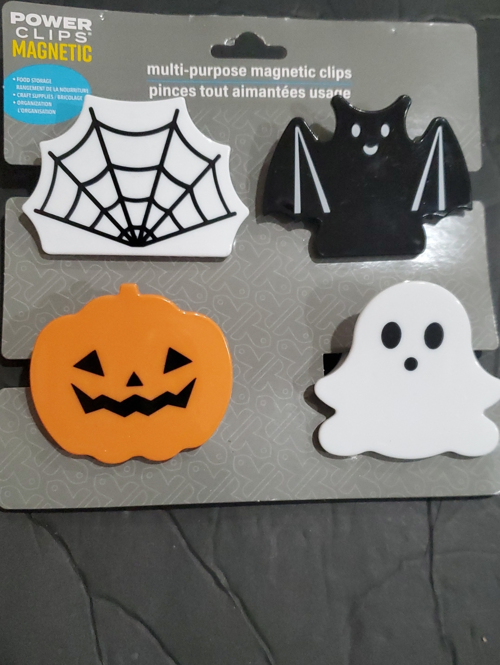 4pack spider web, bat, ghost, jack o' lantern Halloween spooky magnetic clips